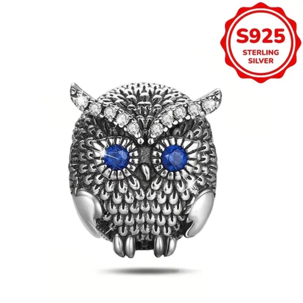 Sterling Silver 925 Owl Charm with Blue Gemstone Eyes